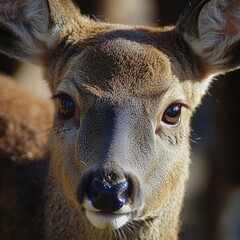 Poster - Close-up shot of a deer's face with blurred background, suitable for wildlife or nature-themed projects