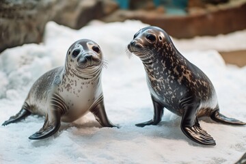 Aufkleber - Two seals resting on snowy terrain, great for winter scenes or wildlife photography