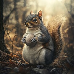 Aufkleber - A squirrel perched on its hind legs in a woodland setting, looking around