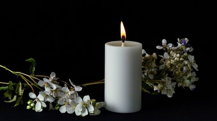 Poster - A simple yet elegant scene featuring a white candle surrounded by a bouquet of fresh flowers