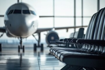 Poster - An airplane sits in an airport terminal, waiting for its next destination