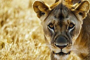 Poster - A close-up photo of a lion lying down in a grassy field
