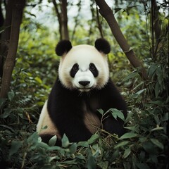 Aufkleber - a panda bear sitting in a dense forest, surrounded by trees and foliage