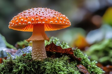 Aufkleber - A single mushroom sits on a rock covered in lush green moss