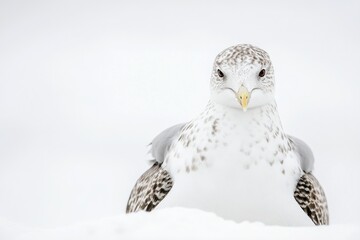 Poster - A white and black bird stands in the snowy environment