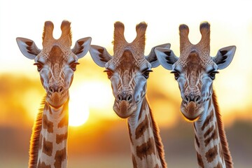 Aufkleber - Three giraffes standing together at sunset, a peaceful moment in nature