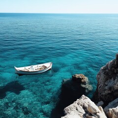 Aufkleber - A small boat is floating in the middle of a calm body of water