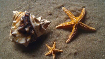Poster - Two starfishes sit next to a shell on a sunny sandy beach