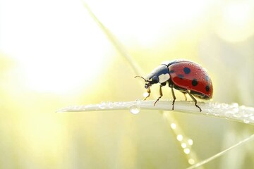 Poster - A ladybug sits atop a single blade of grass, showcasing its tiny size and vibrant colors