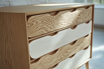 Poster - A close-up shot of a wooden dresser with ornate details and drawers in a cozy room setting