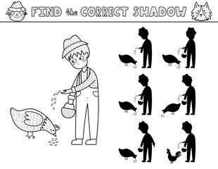 Wall Mural - Find the correct shadow activity page in outline for kids with a cute boy farmer and a hen. Black and white shadow matching game with a farm characters. Vector illustration