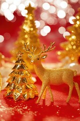 Poster - A gold deer figurine sits next to a decorated Christmas tree on a red surface