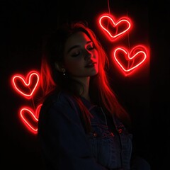 Poster - A woman standing in front of glowing neon hearts