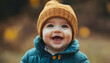© Umar Arts - A baby wearing a brown hat and a blue jacket is smiling