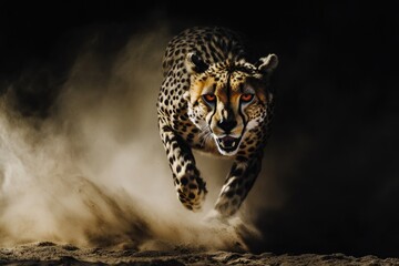 Poster - A cheetah runs quickly through dusty terrain, possibly during a nighttime hunt