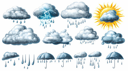 collection of weather icons, showing clouds, rain, sun, and umbrellas.