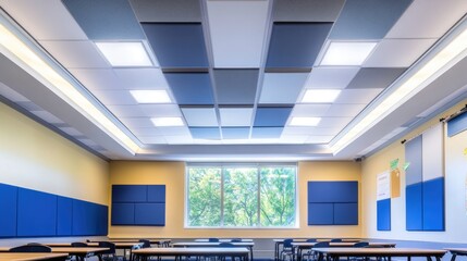 Poster - A typical school classroom with tables, chairs, and a large window