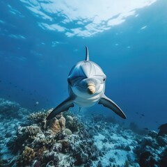 Poster - A dolphin swimming above a colorful coral reef, great for ocean or marine life related uses