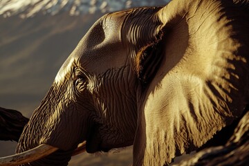 Poster - Close-up of an elephant's face set against a vast mountain range