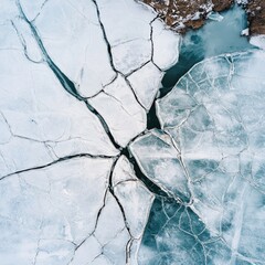 Poster - A frozen lake with a crack and a river flowing through, natural scenery