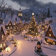 Poster - A festive Christmas scene with a beautifully decorated village and a tall, lit Christmas tree in the center