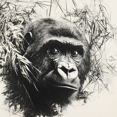Aufkleber - A black and white drawing of a gorilla