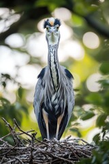 Poster - A bird sits on the edge of its nest, surrounded by twigs and leaves