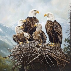 Poster - Three bald eagles perched on their nest, strong and proud