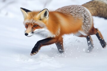 Poster - A red fox runs through a winter landscape with snow-covered trees and ground