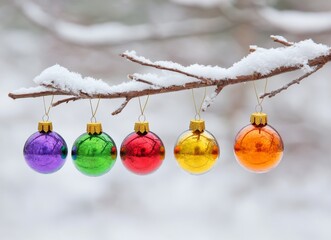 Canvas Print - A snow-dusted pine branch cradles a shimmering gold ornament, illuminated by the warm glow of the sunset, crafting a magical winter scene with bokeh lights.