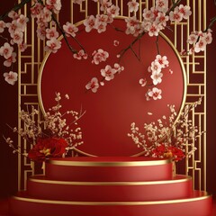 Poster - A bright red stage decorated with colorful flowers