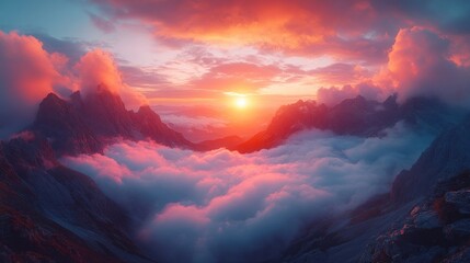 Poster - A scenic view of mountains with the sun setting in the background