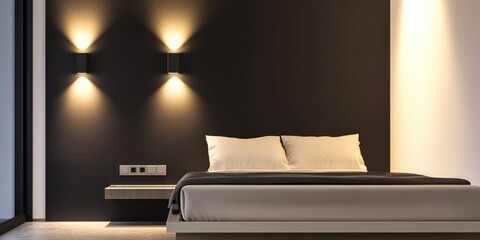 Wall Mural - A cozy bedroom with black walls and a white bed, perfect for a modern interior design