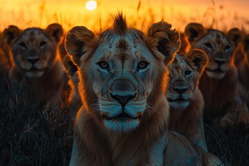 Poster - A group of lions resting on a lush green grass, suitable for wildlife or nature-related projects
