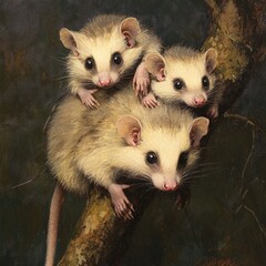Poster - A trio of marsupials resting on a branch, looking out at the viewer