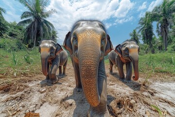 Poster - A group of elephants walking down a dirt road, great for wildlife or travel images
