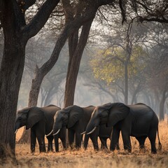 Poster - A group of elephants walking and eating in a dry, open grass field