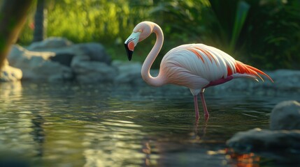 Poster - A flamingo standing on rocks near calm waters, perfect for your wildlife or nature-themed projects