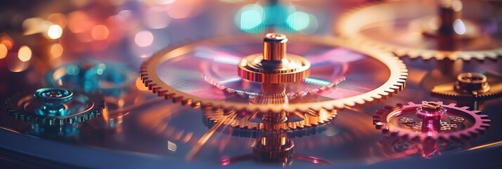 Poster - Intricate gears intertwine in an enchanting mechanical dance during twilight hours. Generative AI