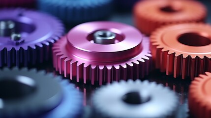 Poster - A close-up view reveals an array of vibrant gears in shades of purple, blue, orange, and black