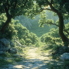 Poster - Lush green forest pathway with dense foliage and trees on either side
