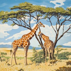 Aufkleber - Two giraffes standing by a tree, calm and peaceful scene
