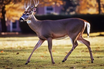 Poster - A deer is seen walking across a beautiful and vibrant green field, with wildflowers and tall grasses