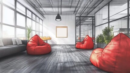 Canvas Print - Sketch of a Modern Living Room with Orange Beanbag Chairs