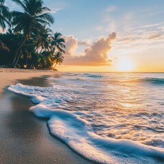 Poster - Sunset on a beach with palm trees, perfect for travel or leisure scenes
