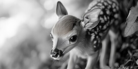 Poster - A young deer stands beside a tree with leaves, in a natural setting