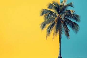Poster - A single palm tree stands out against a bright yellow and blue wall