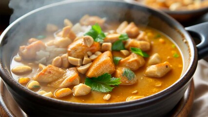 Wall Mural - Savory chicken curry bowl with rice, peanuts, and fresh herbs, comforting meal infused with spices for delicious and aromatic experience.