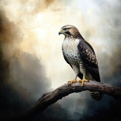 Poster - A close-up image of a hawk sitting on a tree branch, with a natural background