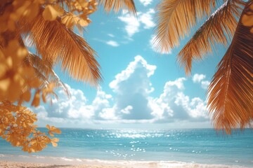Poster - Coastline scenery with palm trees and ocean view, suitable for travel or leisure use